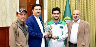 Governor KP honours Squash Star Khushhal Riaz Khan